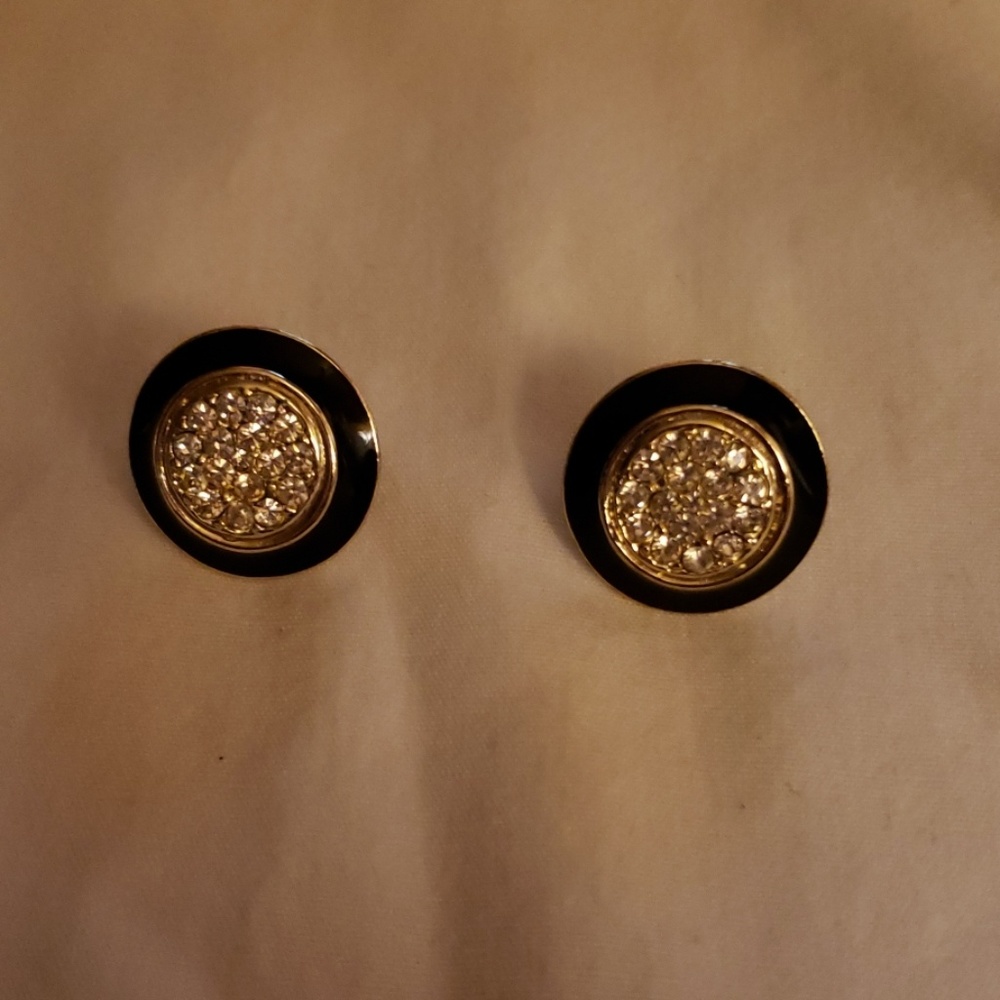 BLACK & GOLD ROUND EARRINGS WITH RHINESTONES